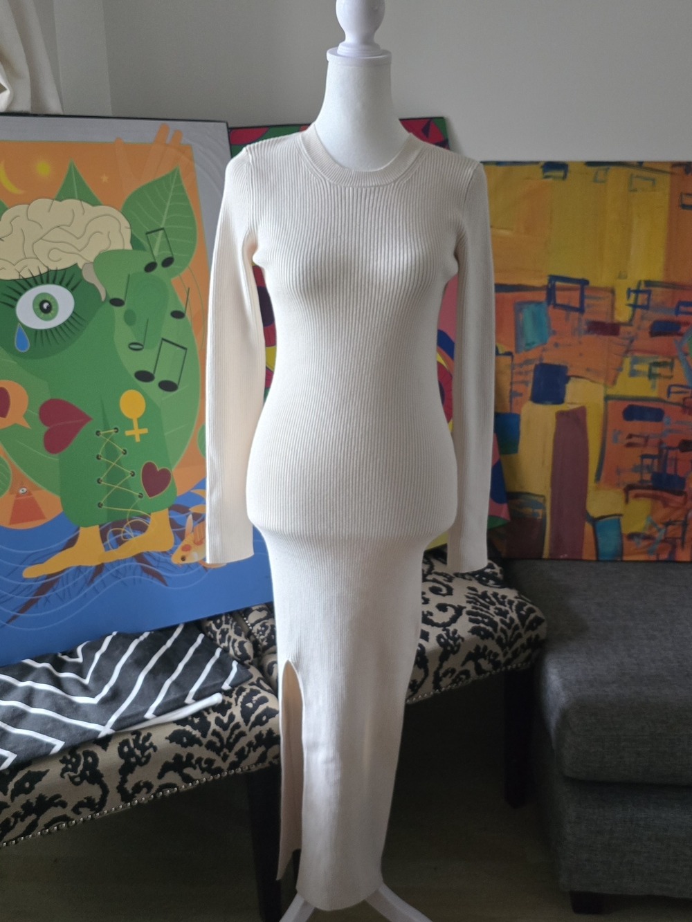 Dynamite NWT Ribbed Knit Long Sleeve Slit Maxi Dress S - Clean Girl Minimalist